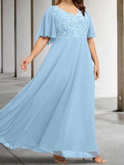 V-Neck A-Line Princess Floor-Length Mother of the Bride Dress with Applique and Half Sleeves