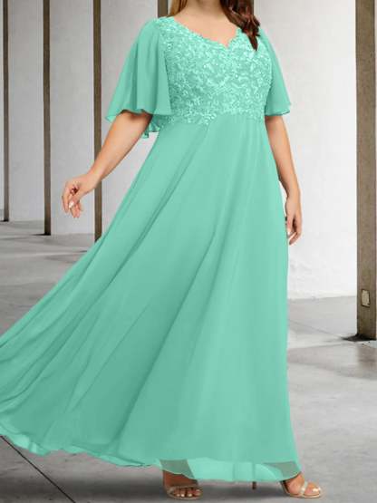 V-Neck A-Line Princess Floor-Length Mother of the Bride Dress with Applique and Half Sleeves