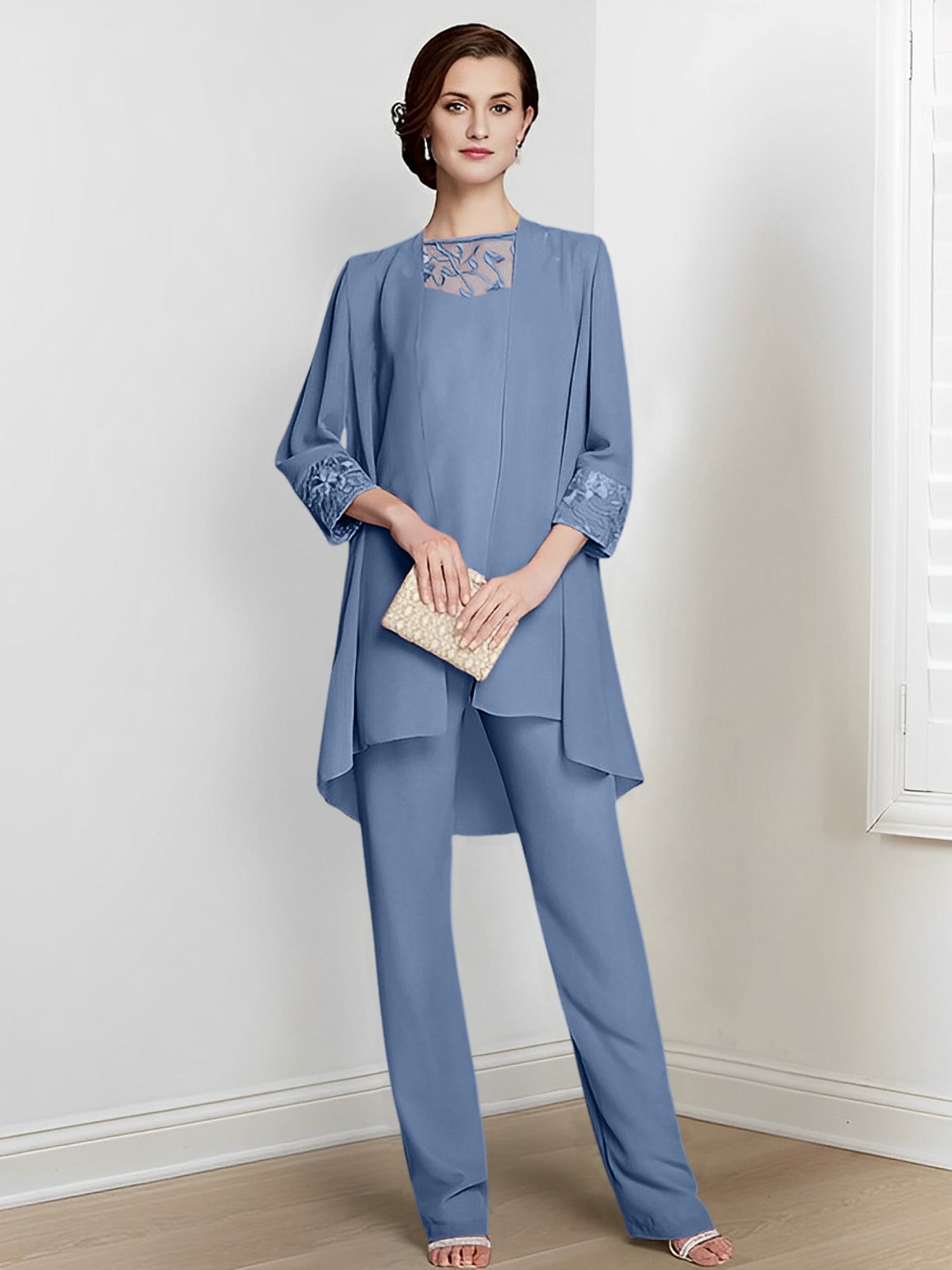 Floor-Length Square Neck Chiffon Pantsuit With Long Sleeves and Jacket for the Mother of the Bride