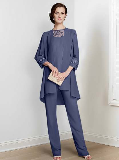 Floor-Length Square Neck Chiffon Pantsuit With Long Sleeves and Jacket for the Mother of the Bride
