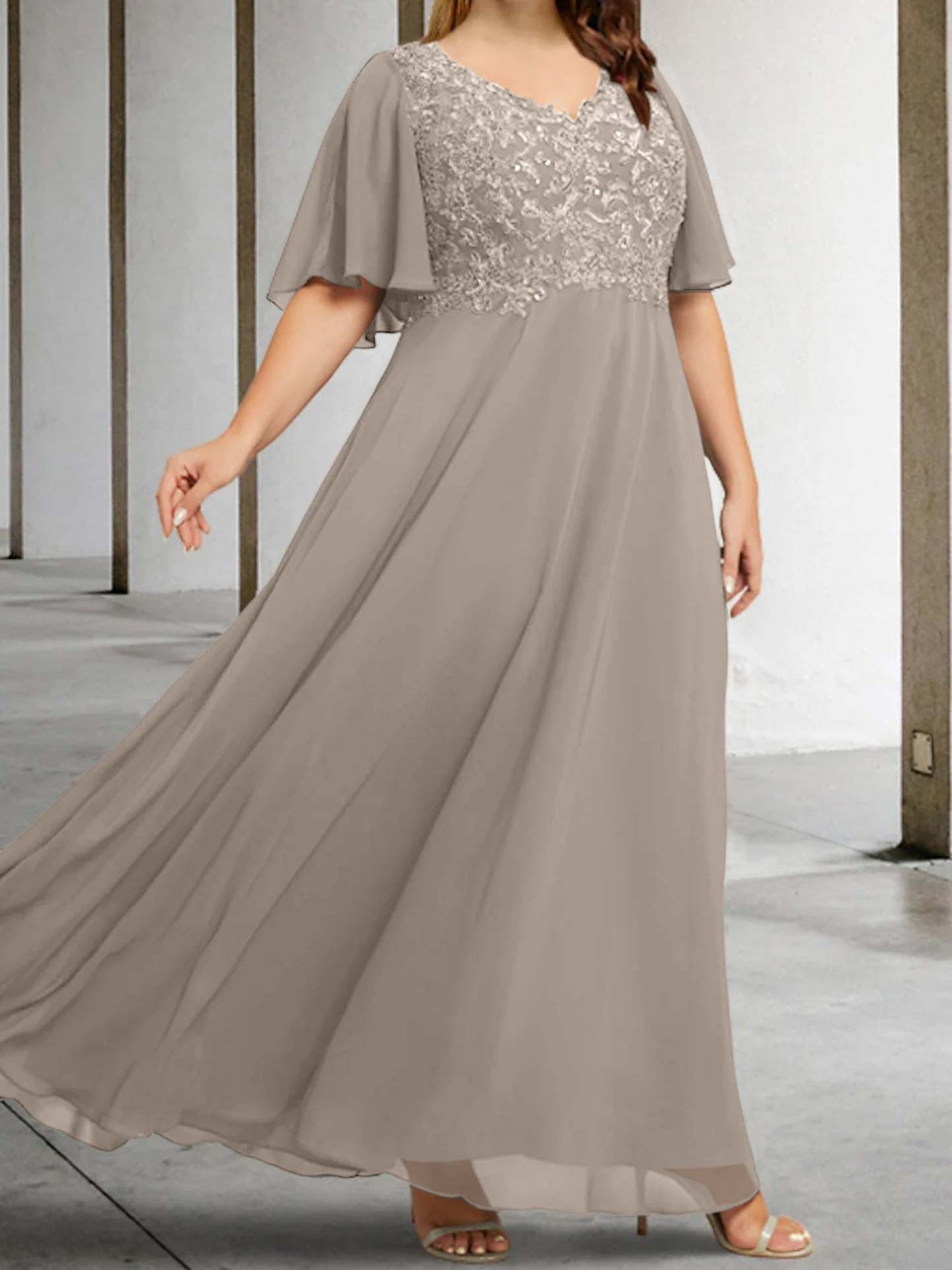V-Neck A-Line Princess Floor-Length Mother of the Bride Dress with Applique and Half Sleeves