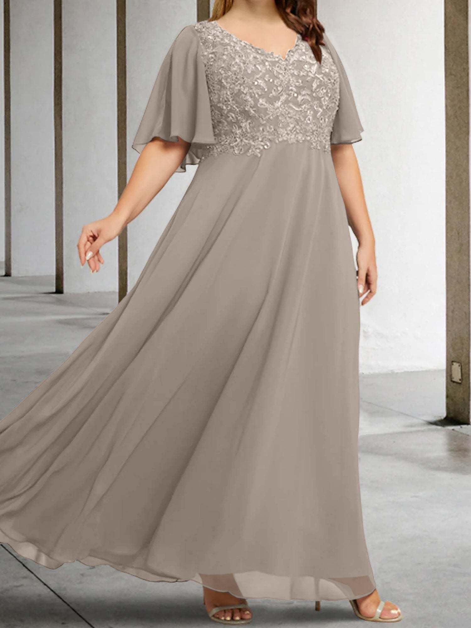 V-Neck A-Line Princess Floor-Length Mother of the Bride Dress with Applique and Half Sleeves
