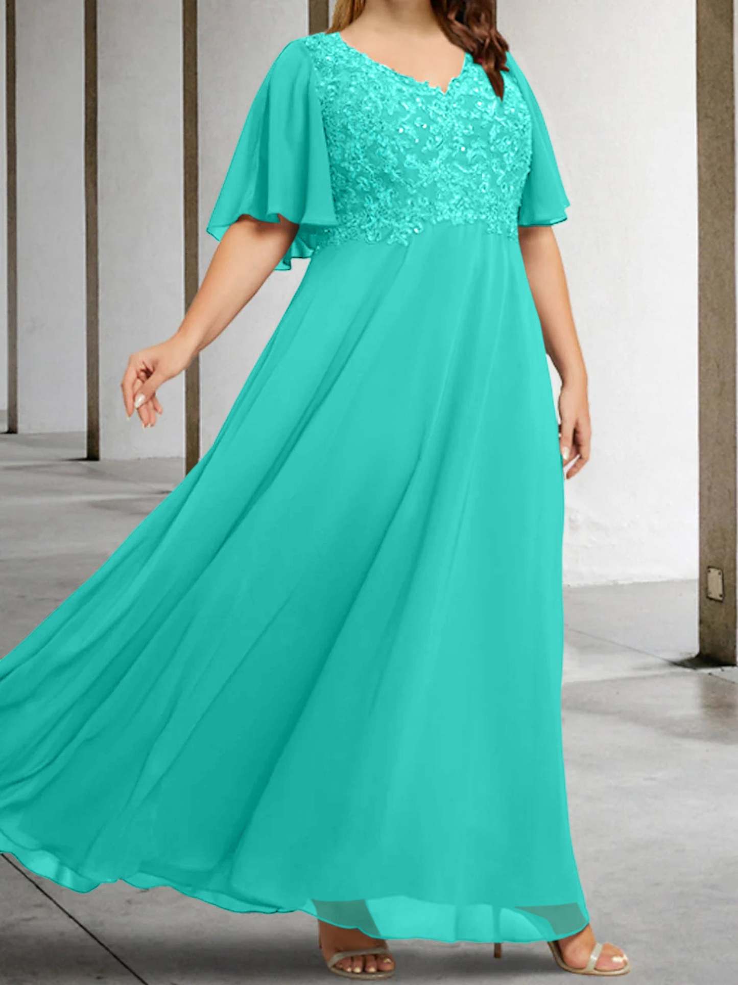 V-Neck A-Line Princess Floor-Length Mother of the Bride Dress with Applique and Half Sleeves
