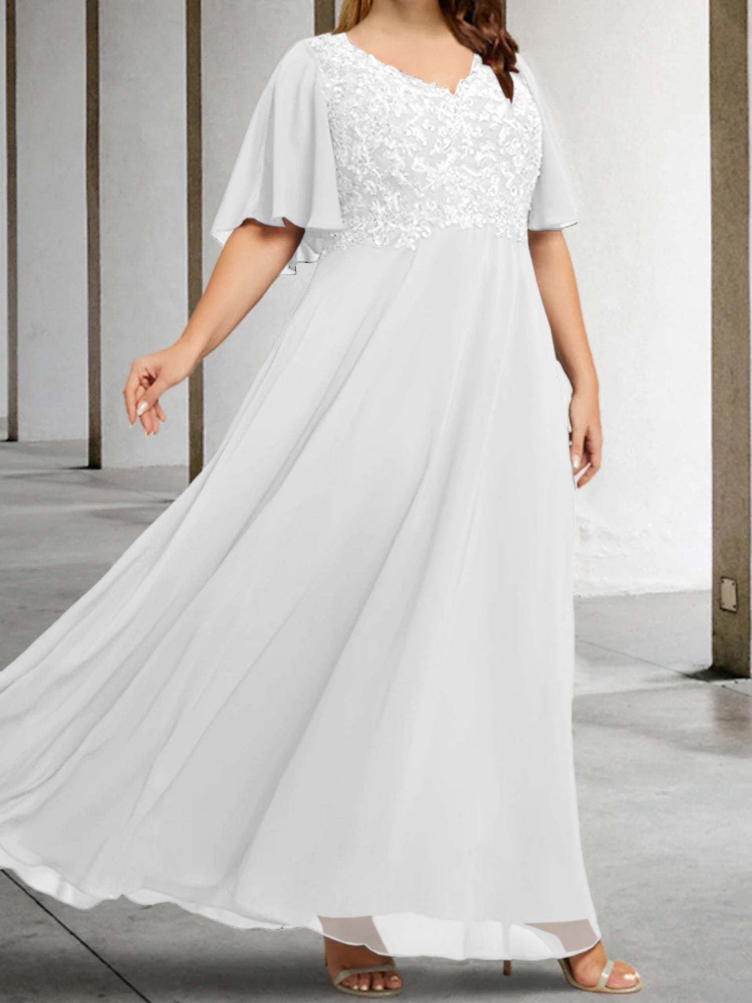 V-Neck A-Line Princess Floor-Length Mother of the Bride Dress with Applique and Half Sleeves