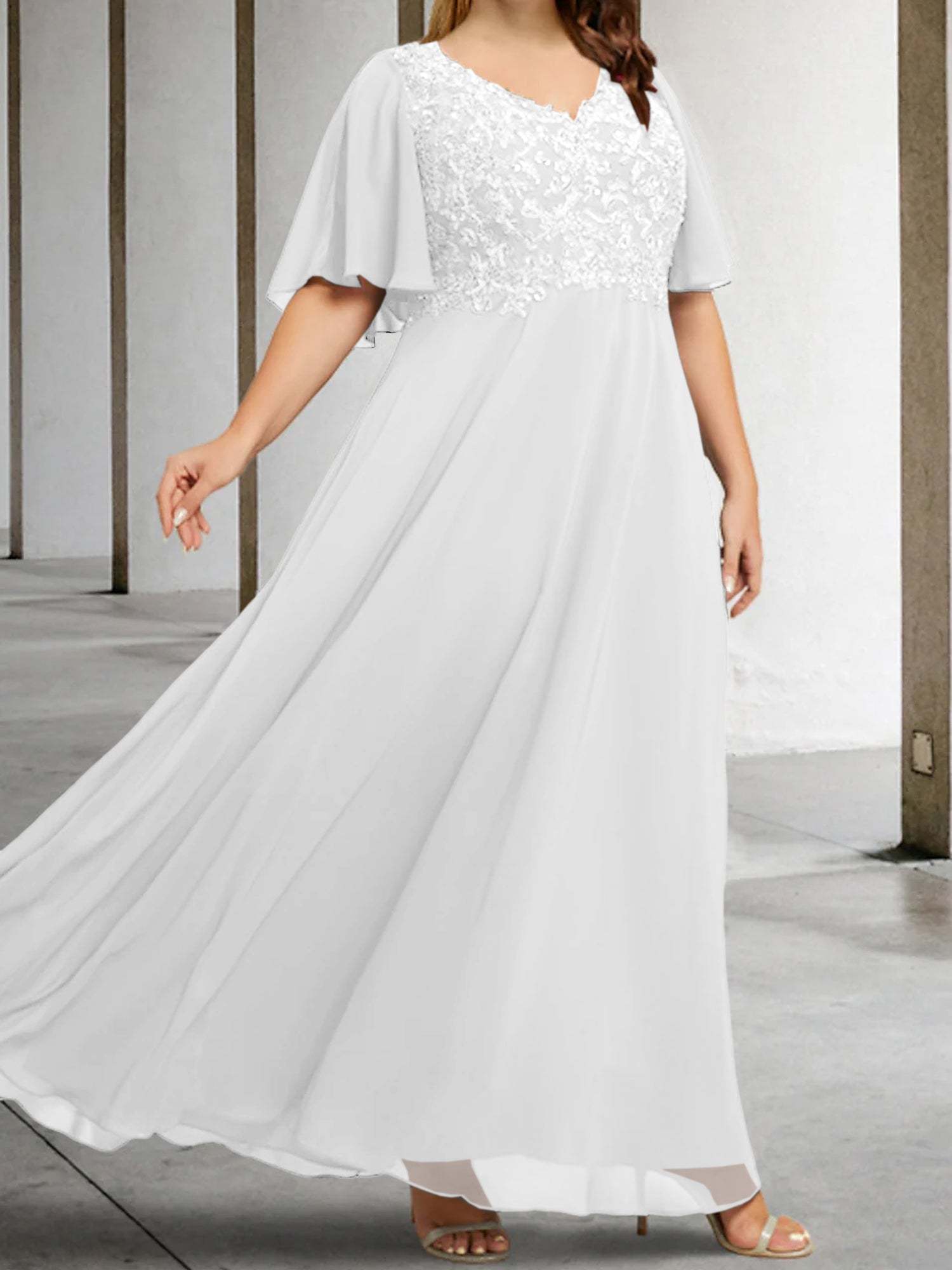 V-Neck A-Line Princess Floor-Length Mother of the Bride Dress with Applique and Half Sleeves