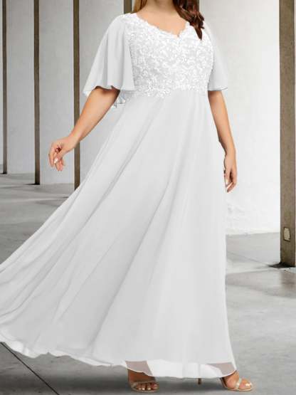 V-Neck A-Line Princess Floor-Length Mother of the Bride Dress with Applique and Half Sleeves