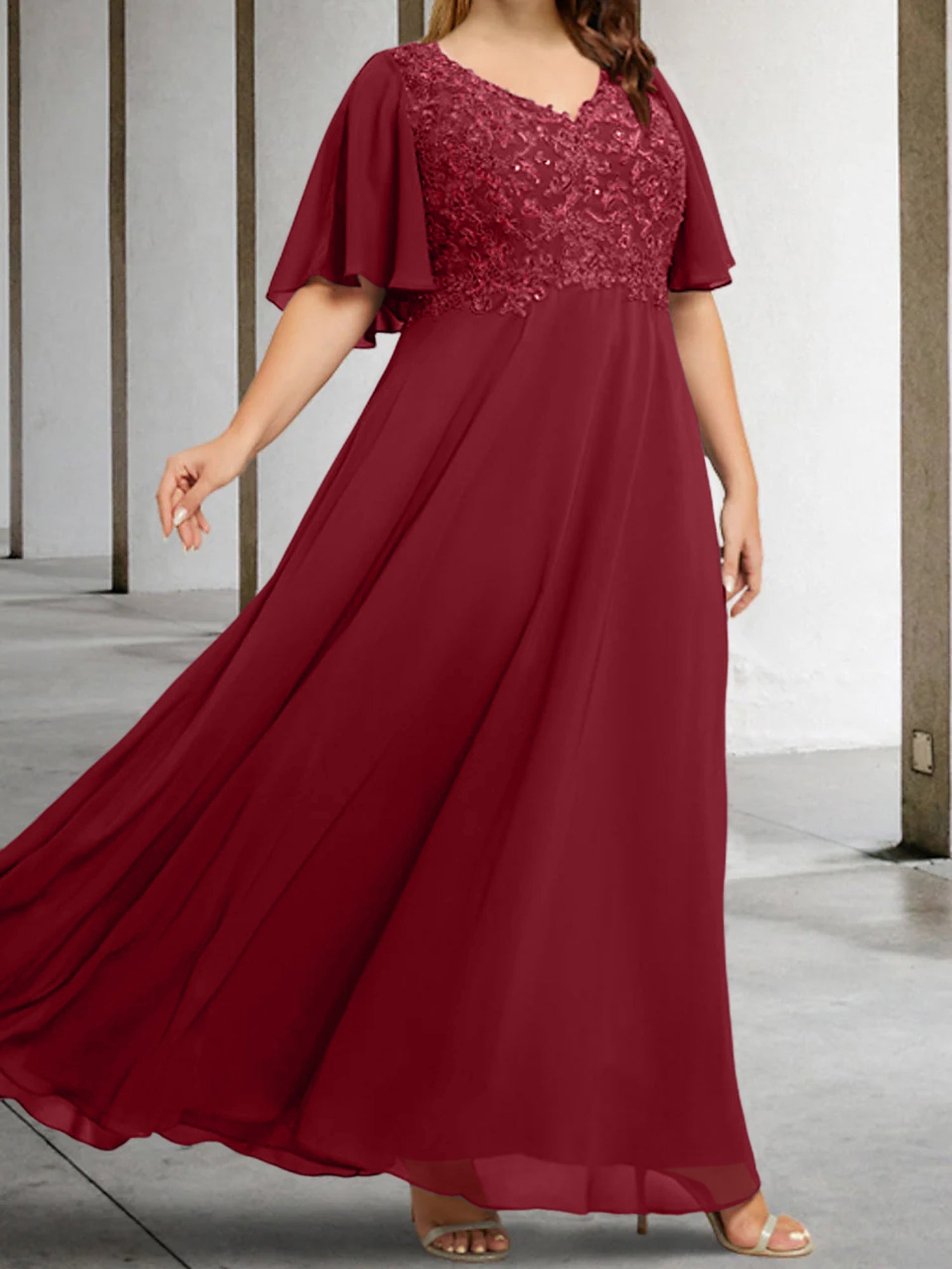V-Neck A-Line Princess Floor-Length Mother of the Bride Dress with Applique and Half Sleeves