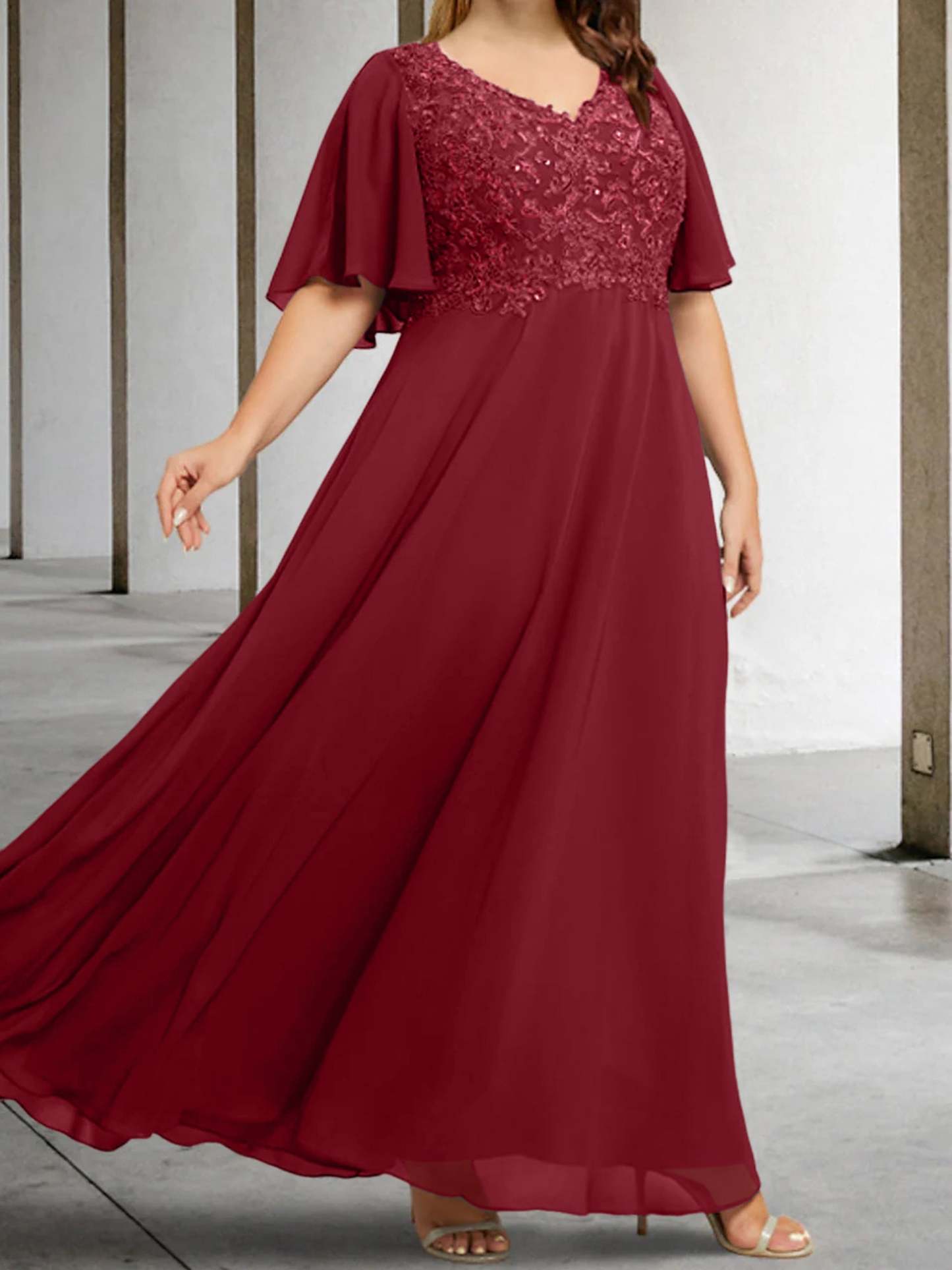 V-Neck A-Line Princess Floor-Length Mother of the Bride Dress with Applique and Half Sleeves