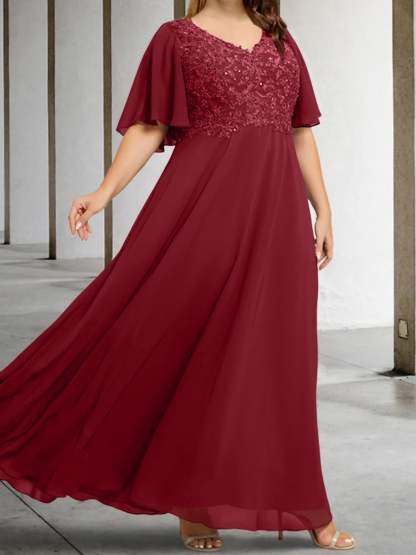 V-Neck A-Line Princess Floor-Length Mother of the Bride Dress with Applique and Half Sleeves