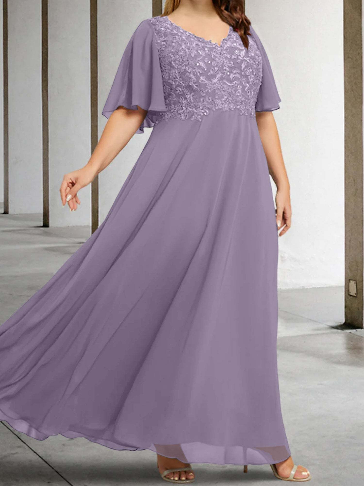 V-Neck A-Line Princess Floor-Length Mother of the Bride Dress with Applique and Half Sleeves