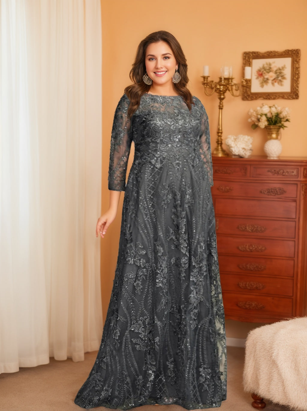 Long-Sleeve A-Line Princess Mother of the Bride Dress with Applique
