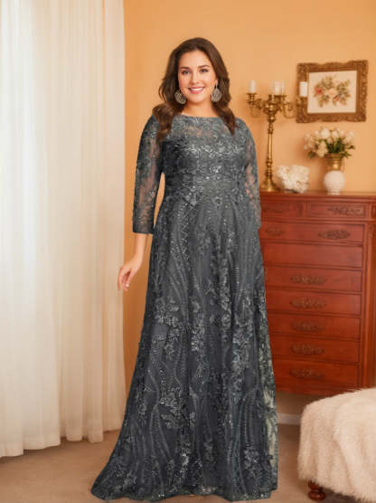 Long-Sleeve A-Line Princess Mother of the Bride Dress with Applique