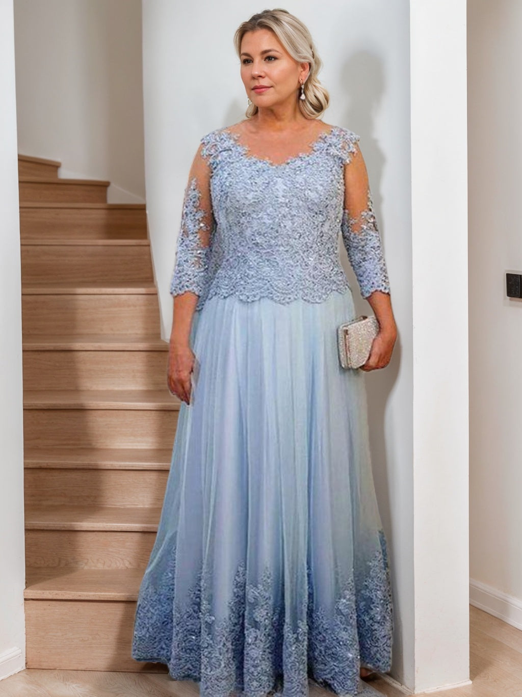 Floor-Length A-Line Mother of the Bride Dress with Sheer Neck and 3/4 Sleeves Featuring Applique