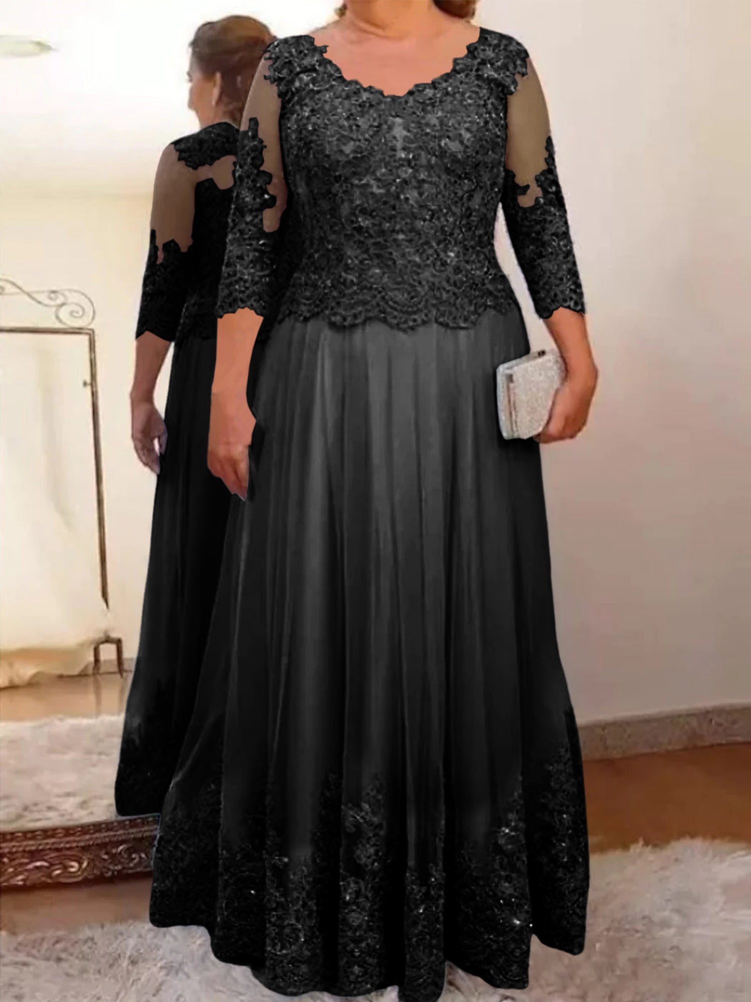 Floor-Length A-Line Mother of the Bride Dress with Sheer Neck and 3/4 Sleeves Featuring Applique