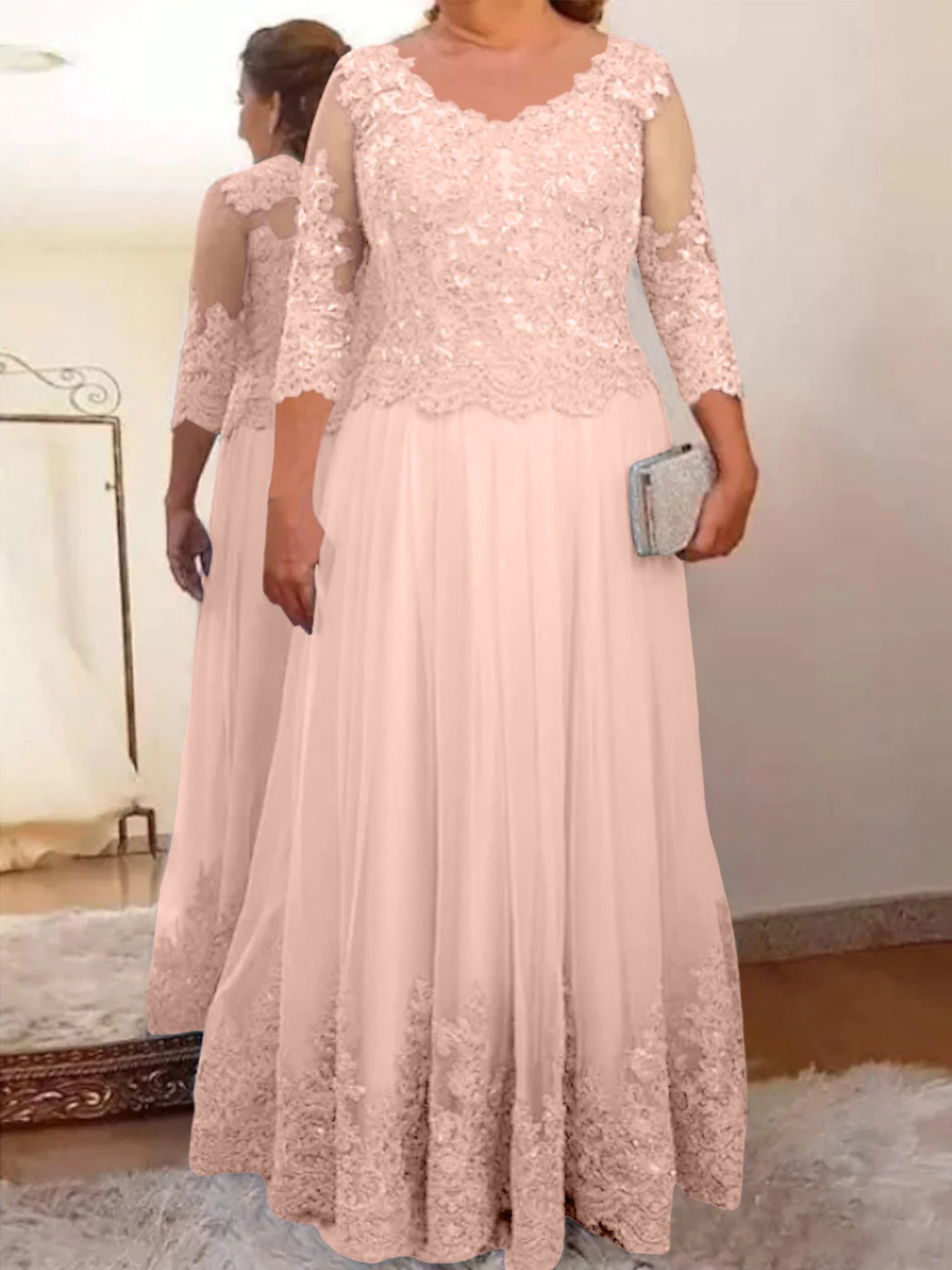 Floor-Length A-Line Mother of the Bride Dress with Sheer Neck and 3/4 Sleeves Featuring Applique