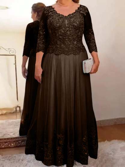 Floor-Length A-Line Mother of the Bride Dress with Sheer Neck and 3/4 Sleeves Featuring Applique