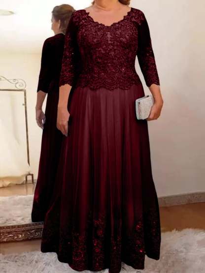 Floor-Length A-Line Mother of the Bride Dress with Sheer Neck and 3/4 Sleeves Featuring Applique