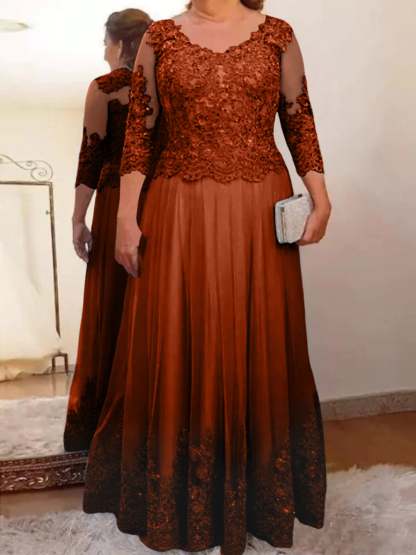 Floor-Length A-Line Mother of the Bride Dress with Sheer Neck and 3/4 Sleeves Featuring Applique