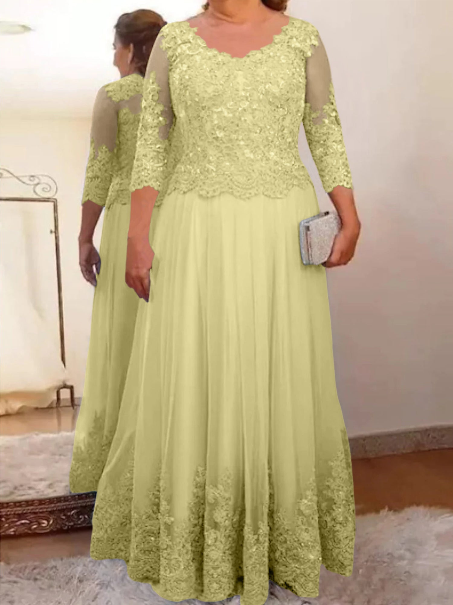 Floor-Length A-Line Mother of the Bride Dress with Sheer Neck and 3/4 Sleeves Featuring Applique