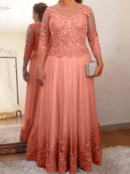 Floor-Length A-Line Mother of the Bride Dress with Sheer Neck and 3/4 Sleeves Featuring Applique