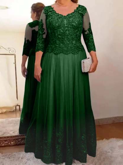 Floor-Length A-Line Mother of the Bride Dress with Sheer Neck and 3/4 Sleeves Featuring Applique