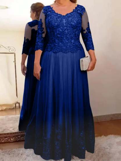 Floor-Length A-Line Mother of the Bride Dress with Sheer Neck and 3/4 Sleeves Featuring Applique