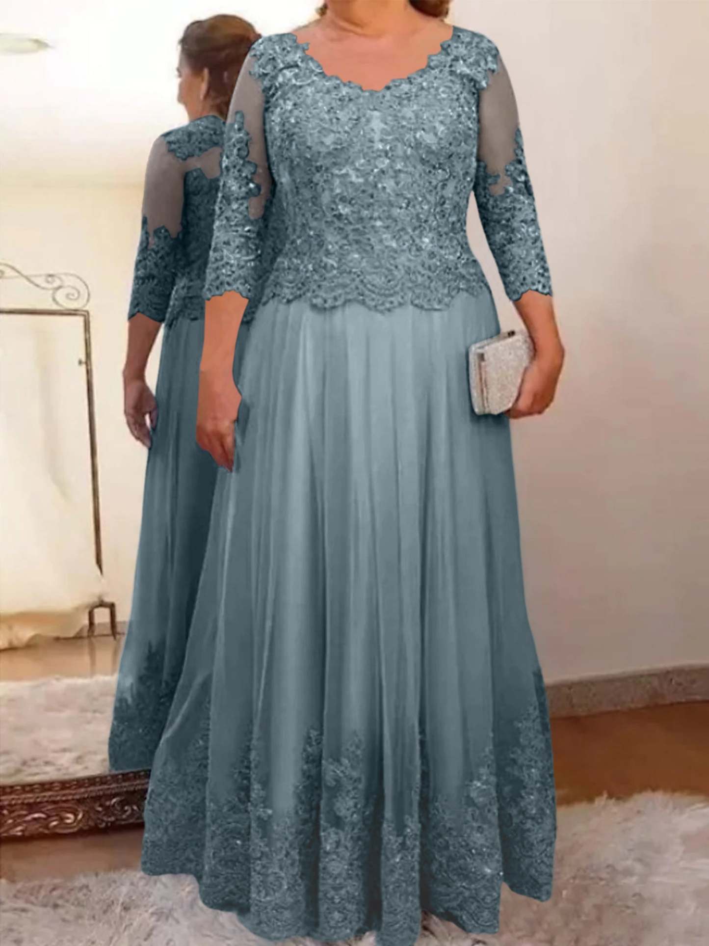 Floor-Length A-Line Mother of the Bride Dress with Sheer Neck and 3/4 Sleeves Featuring Applique