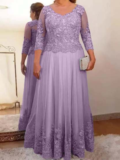 Floor-Length A-Line Mother of the Bride Dress with Sheer Neck and 3/4 Sleeves Featuring Applique