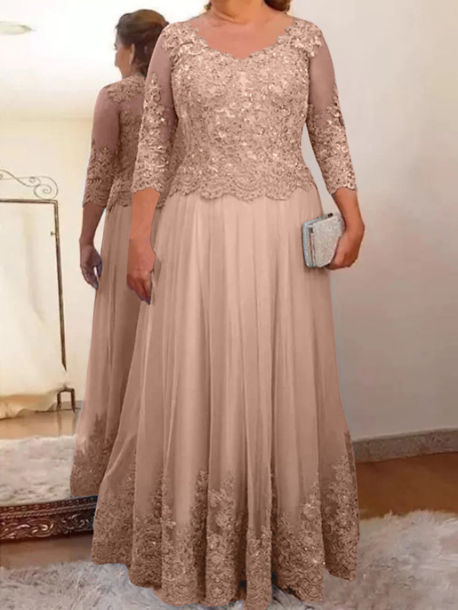 Floor-Length A-Line Mother of the Bride Dress with Sheer Neck and 3/4 Sleeves Featuring Applique