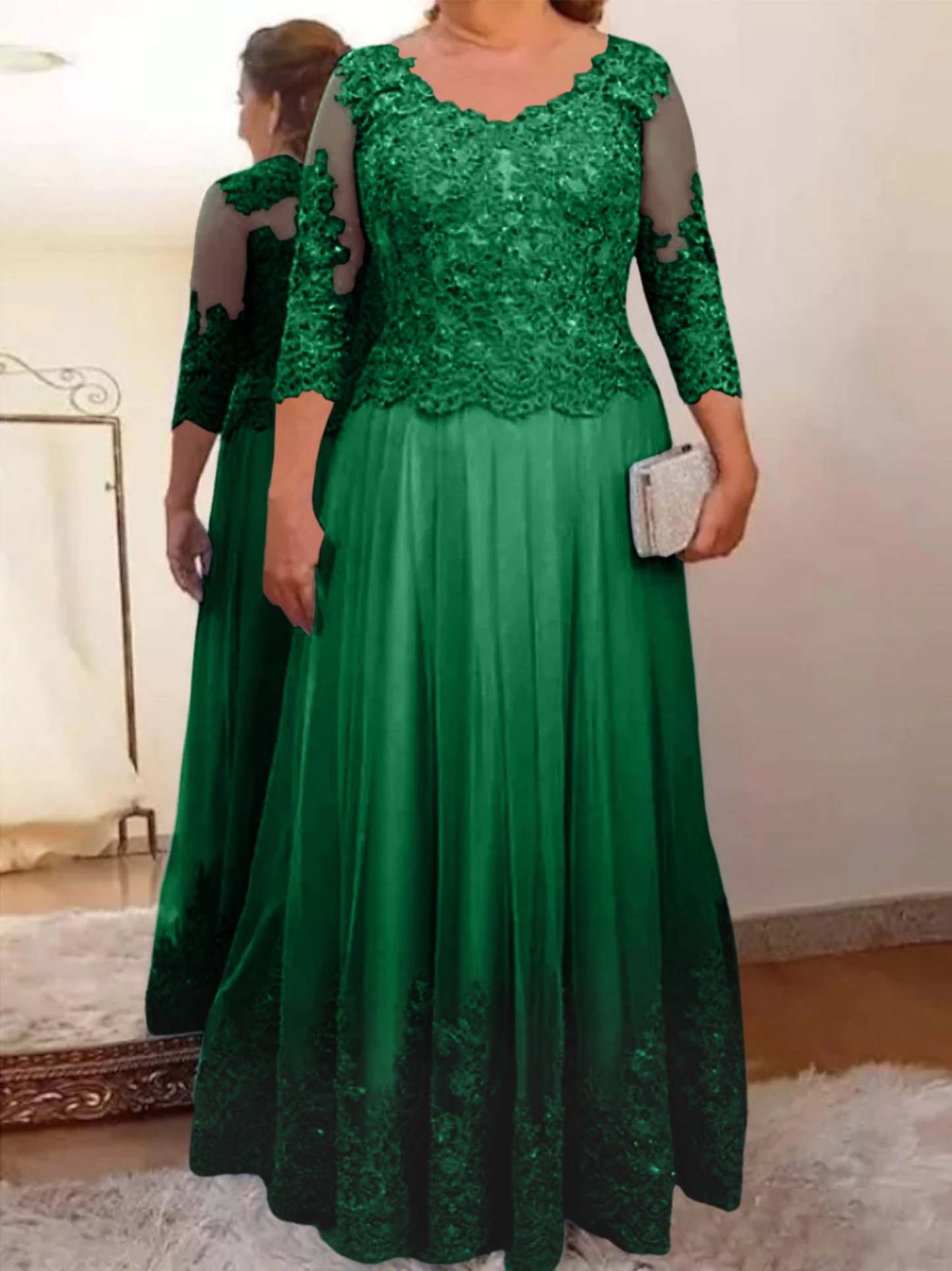 Floor-Length A-Line Mother of the Bride Dress with Sheer Neck and 3/4 Sleeves Featuring Applique