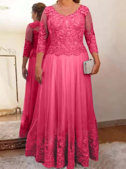 Floor-Length A-Line Mother of the Bride Dress with Sheer Neck and 3/4 Sleeves Featuring Applique