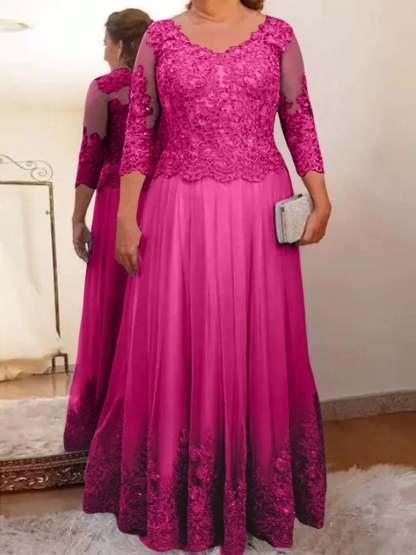 Floor-Length A-Line Mother of the Bride Dress with Sheer Neck and 3/4 Sleeves Featuring Applique