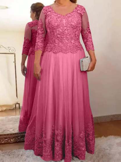Floor-Length A-Line Mother of the Bride Dress with Sheer Neck and 3/4 Sleeves Featuring Applique