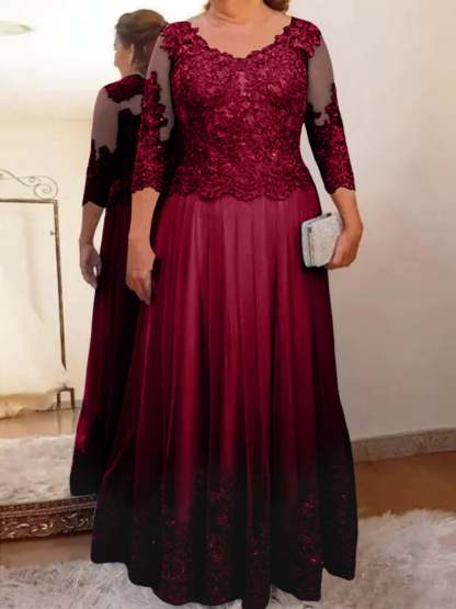 Floor-Length A-Line Mother of the Bride Dress with Sheer Neck and 3/4 Sleeves Featuring Applique