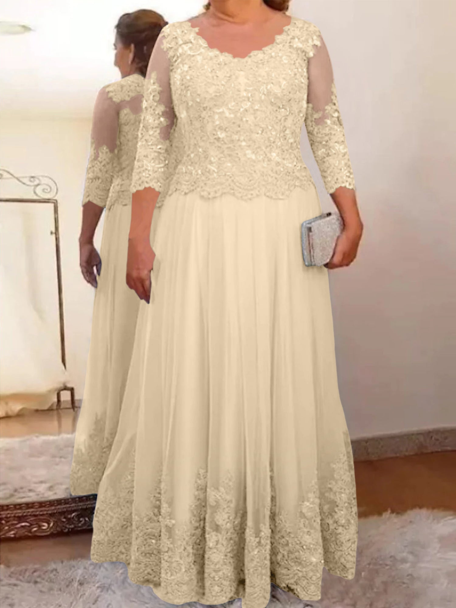Floor-Length A-Line Mother of the Bride Dress with Sheer Neck and 3/4 Sleeves Featuring Applique