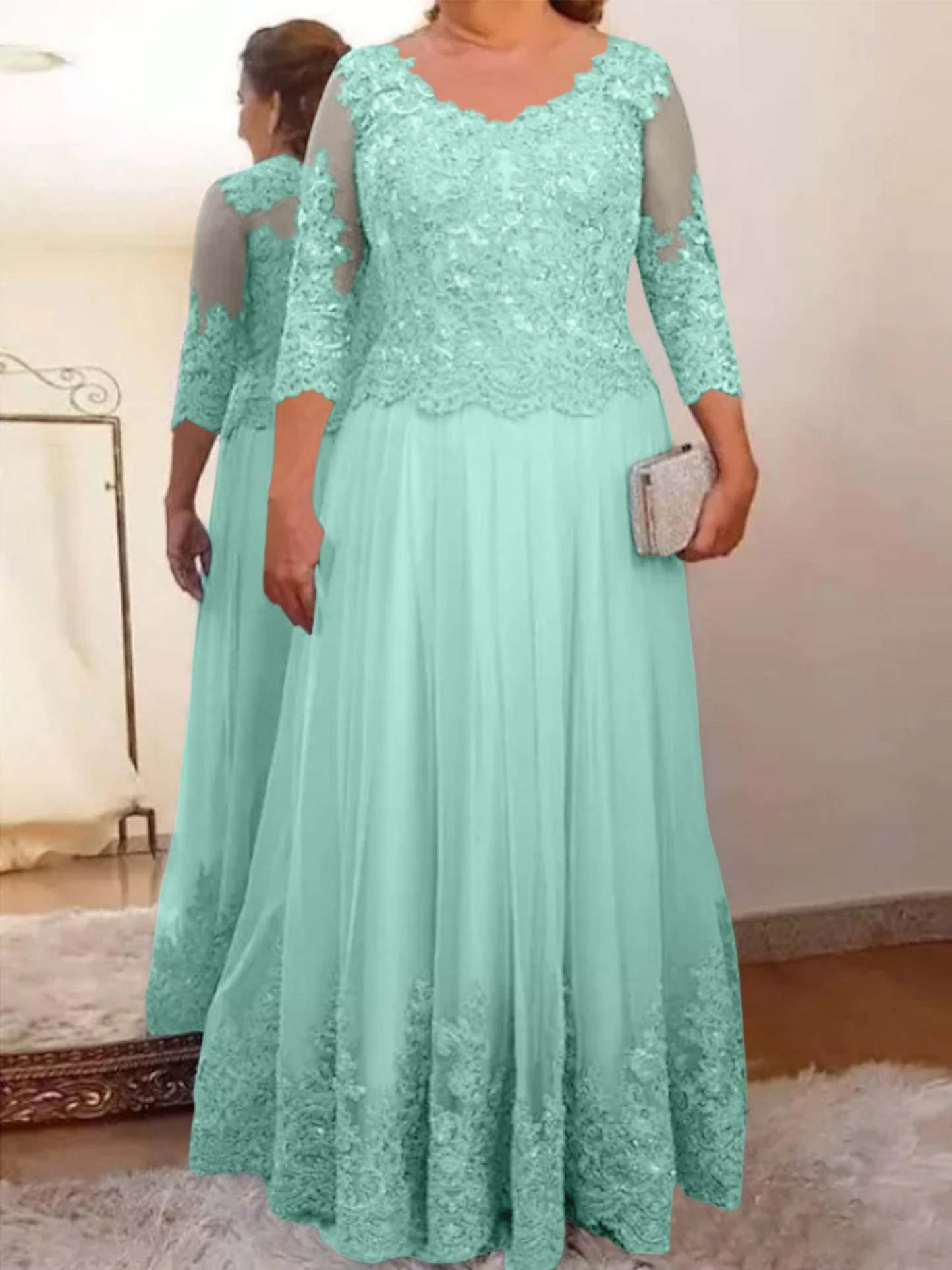 Floor-Length A-Line Mother of the Bride Dress with Sheer Neck and 3/4 Sleeves Featuring Applique