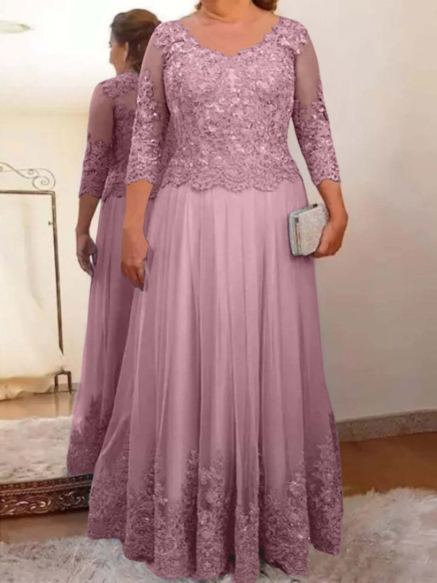 Floor-Length A-Line Mother of the Bride Dress with Sheer Neck and 3/4 Sleeves Featuring Applique