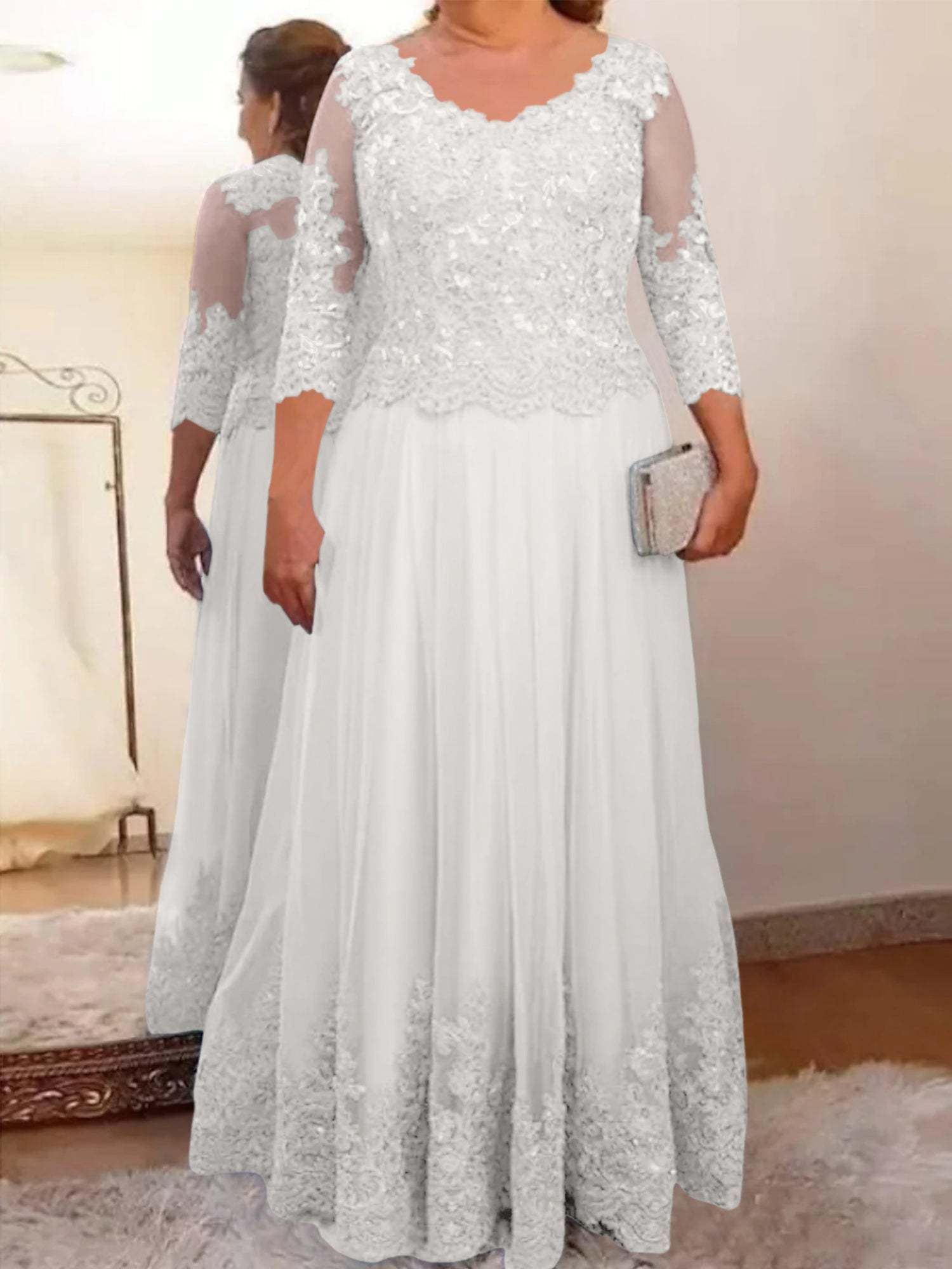 Floor-Length A-Line Mother of the Bride Dress with Sheer Neck and 3/4 Sleeves Featuring Applique