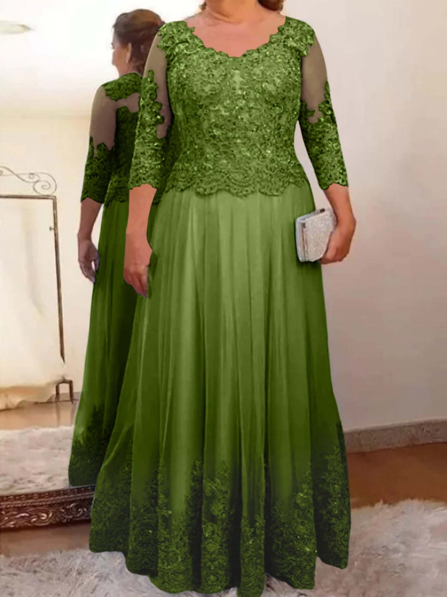 Floor-Length A-Line Mother of the Bride Dress with Sheer Neck and 3/4 Sleeves Featuring Applique