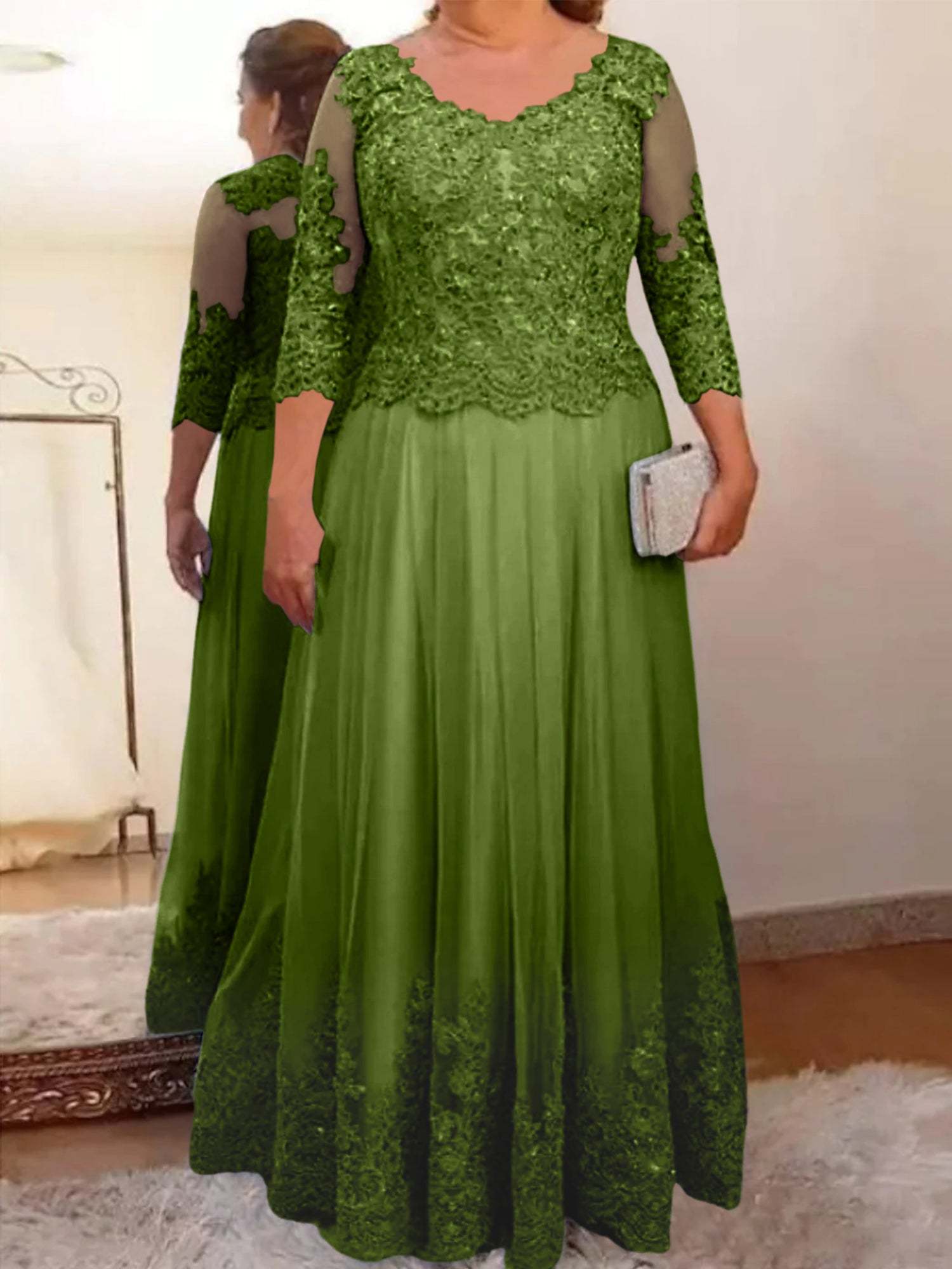 Floor-Length A-Line Mother of the Bride Dress with Sheer Neck and 3/4 Sleeves Featuring Applique