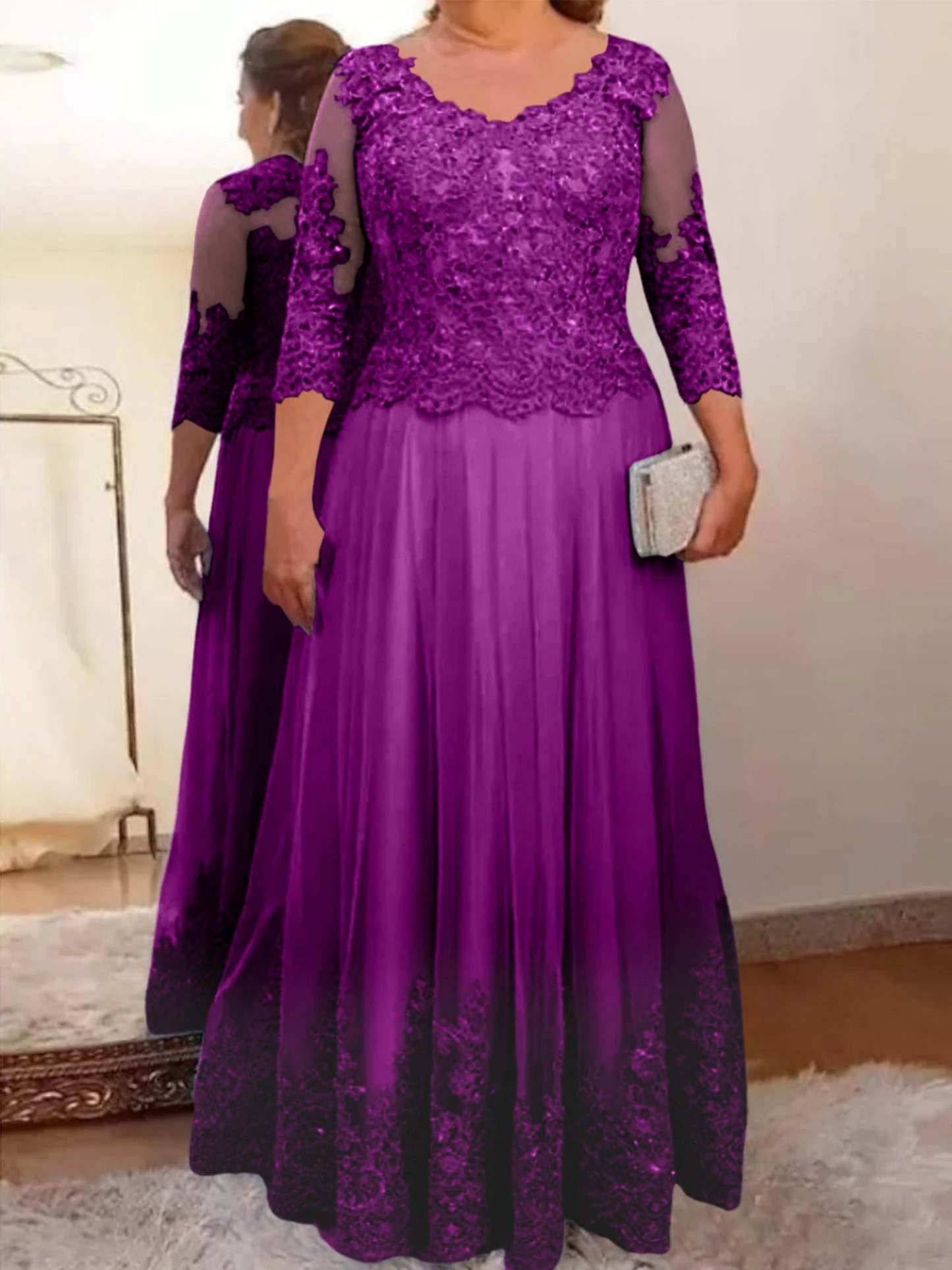 Floor-Length A-Line Mother of the Bride Dress with Sheer Neck and 3/4 Sleeves Featuring Applique