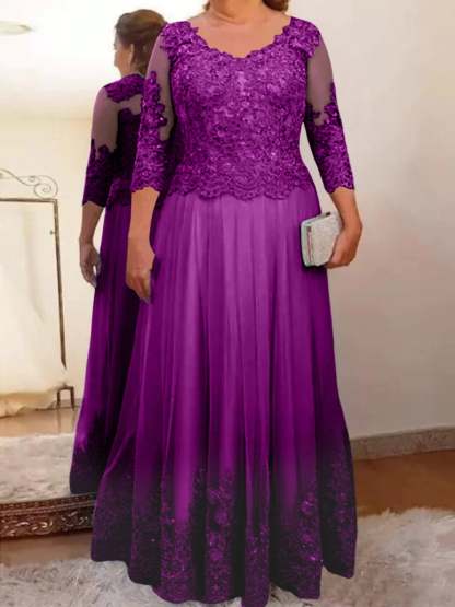 Floor-Length A-Line Mother of the Bride Dress with Sheer Neck and 3/4 Sleeves Featuring Applique