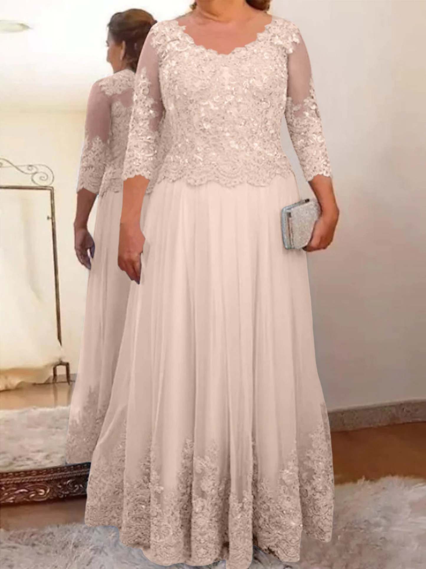 Floor-Length A-Line Mother of the Bride Dress with Sheer Neck and 3/4 Sleeves Featuring Applique