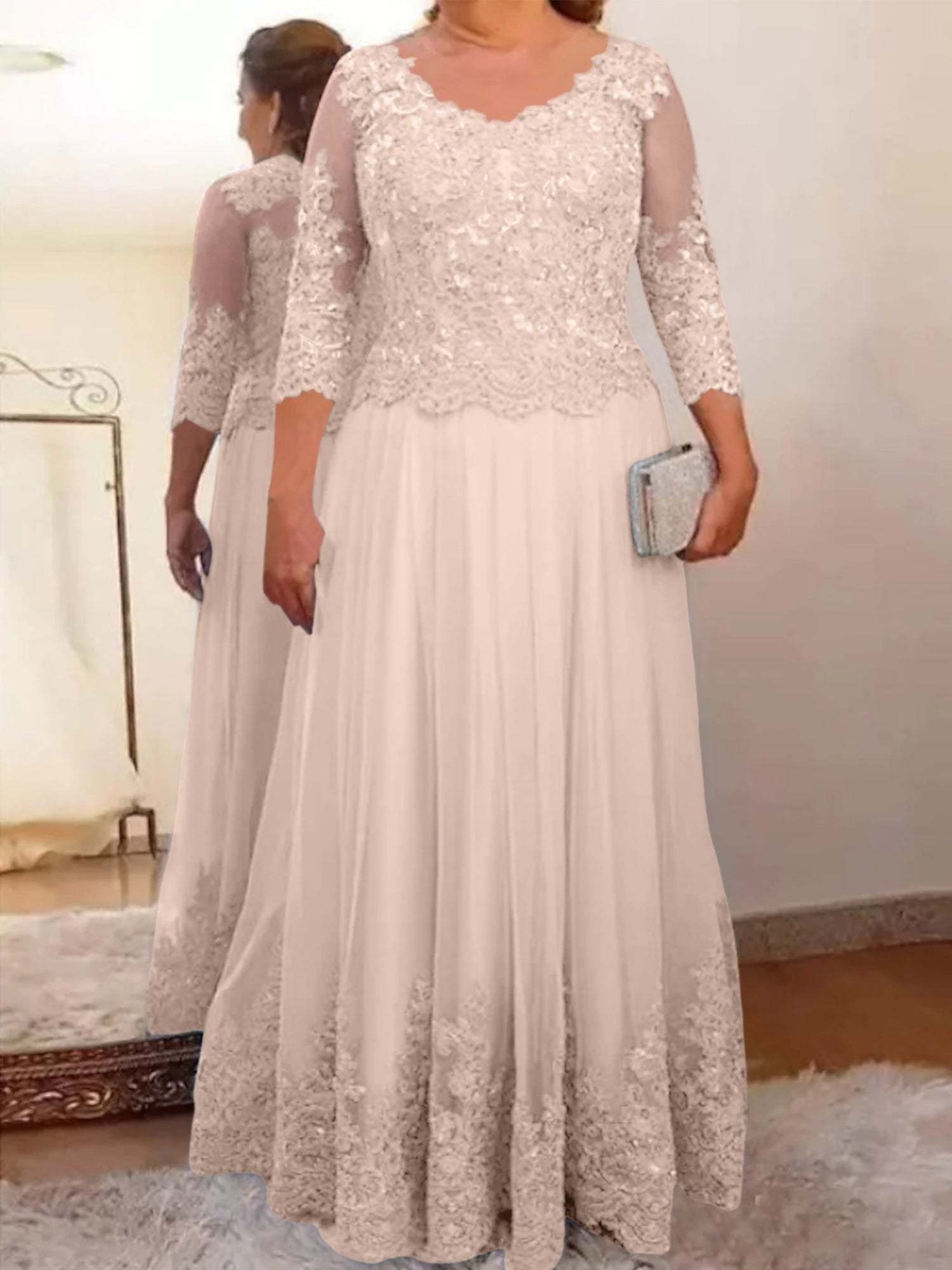 Floor-Length A-Line Mother of the Bride Dress with Sheer Neck and 3/4 Sleeves Featuring Applique