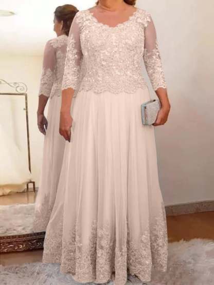 Floor-Length A-Line Mother of the Bride Dress with Sheer Neck and 3/4 Sleeves Featuring Applique