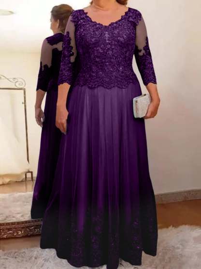 Floor-Length A-Line Mother of the Bride Dress with Sheer Neck and 3/4 Sleeves Featuring Applique