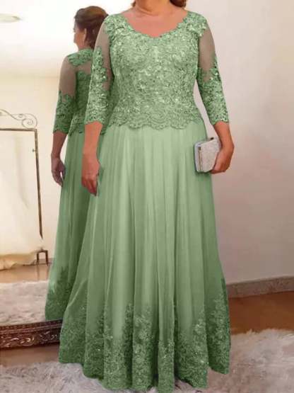 Floor-Length A-Line Mother of the Bride Dress with Sheer Neck and 3/4 Sleeves Featuring Applique