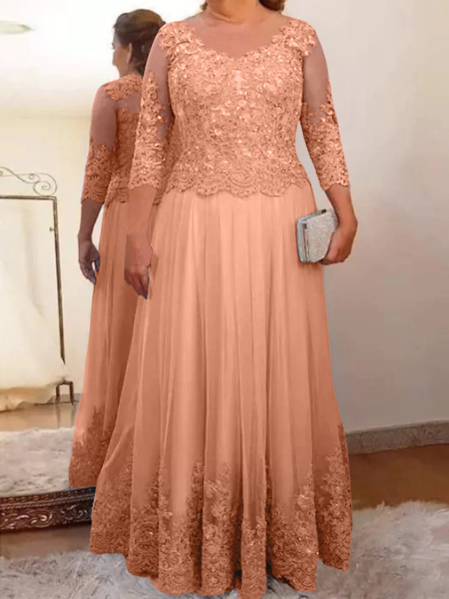Floor-Length A-Line Mother of the Bride Dress with Sheer Neck and 3/4 Sleeves Featuring Applique