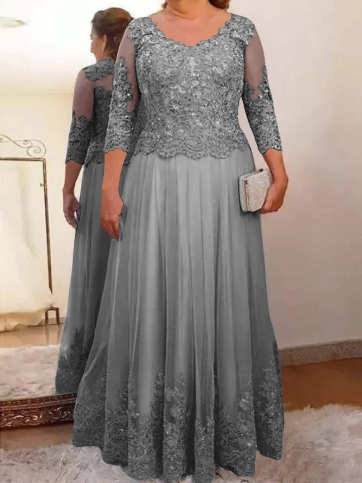 Floor-Length A-Line Mother of the Bride Dress with Sheer Neck and 3/4 Sleeves Featuring Applique