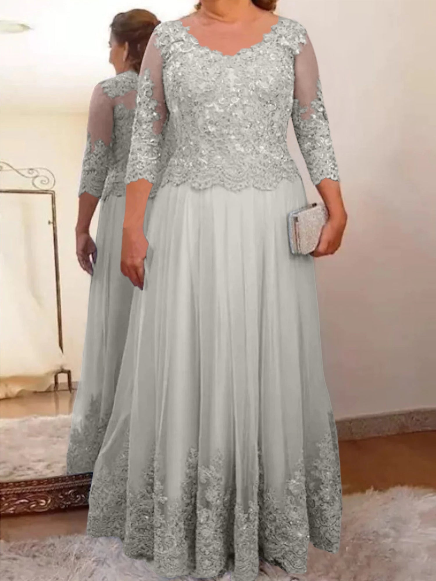 Floor-Length A-Line Mother of the Bride Dress with Sheer Neck and 3/4 Sleeves Featuring Applique